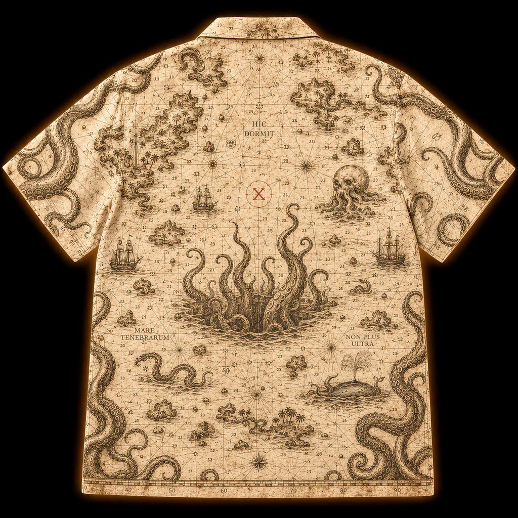 Cartographer's Warning Hawaiian Shirt — Antique Kraken Sea Chart