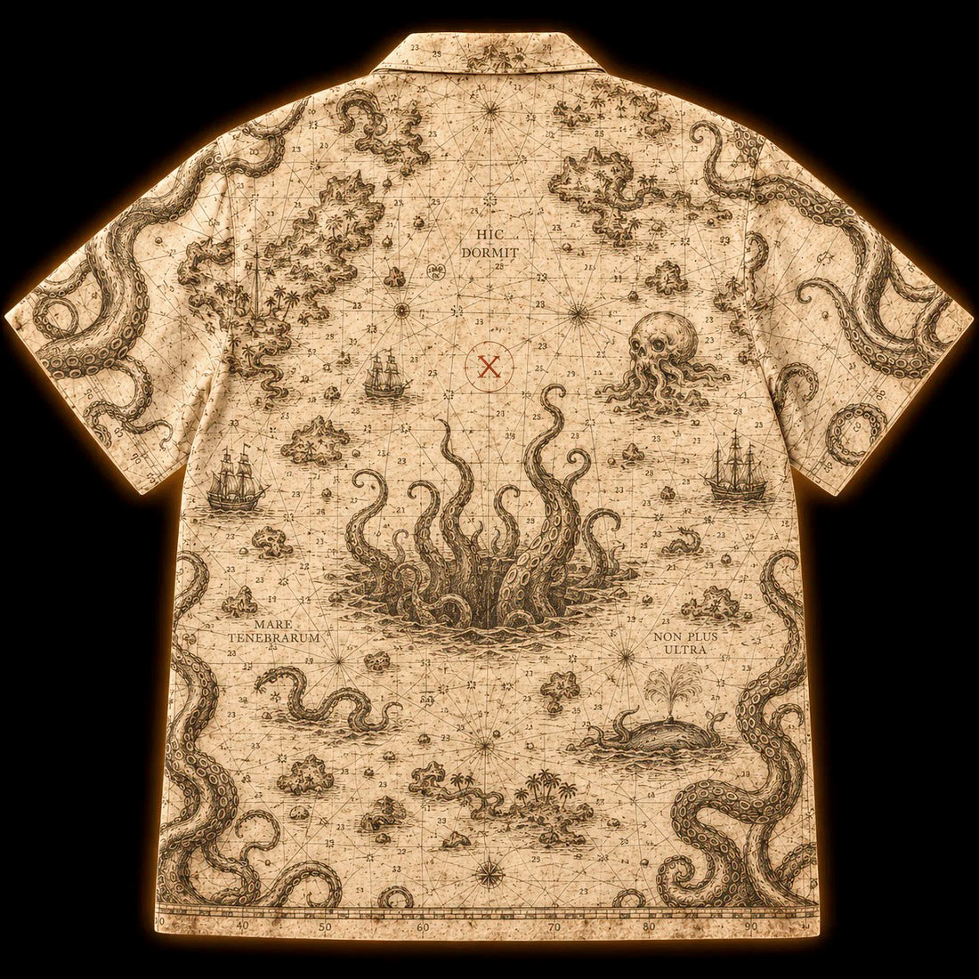 Cartographer's Warning Hawaiian Shirt — Antique Kraken Sea Chart