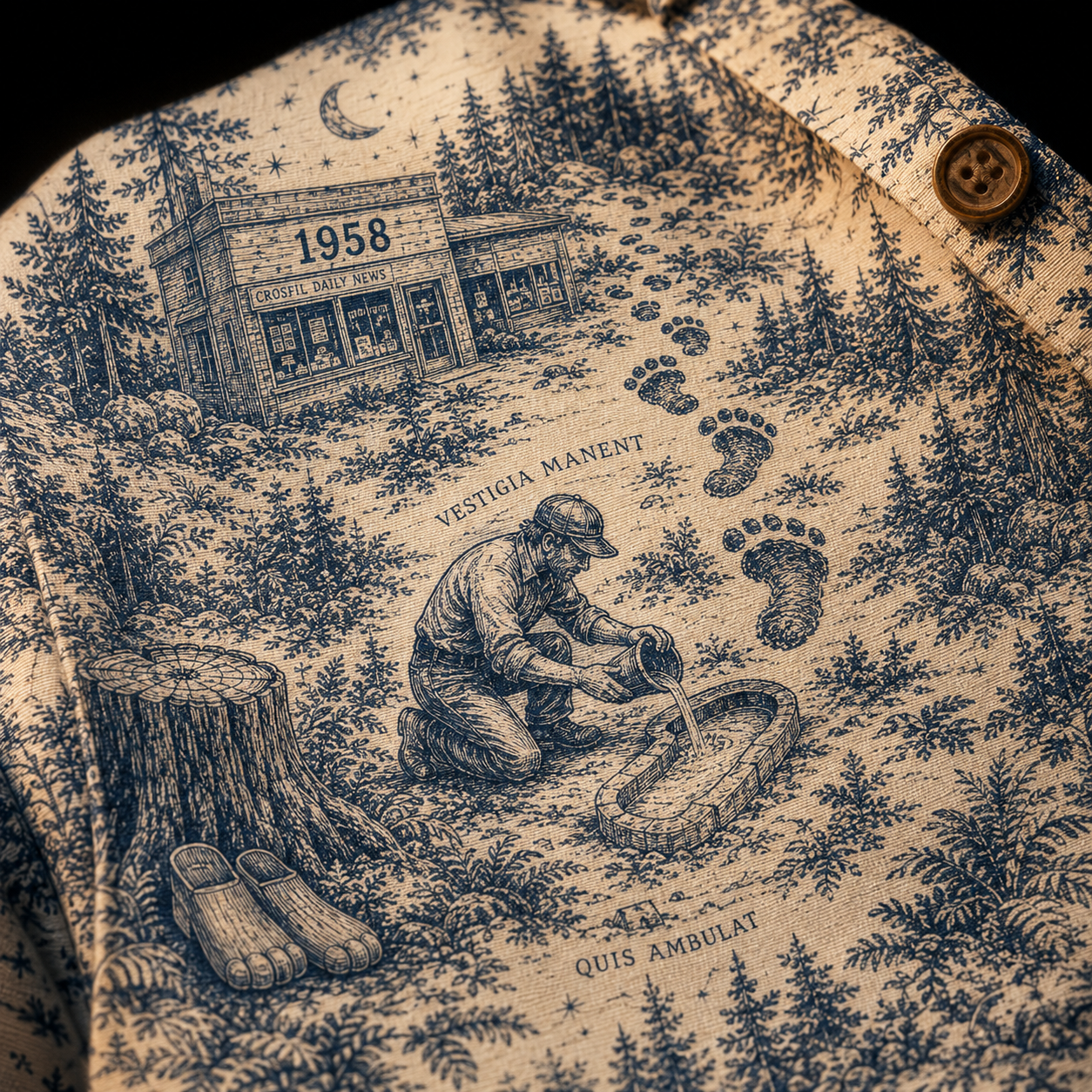 Crosfil The Footprints 1958 Hawaiian Shirt — Bigfoot Toile Print