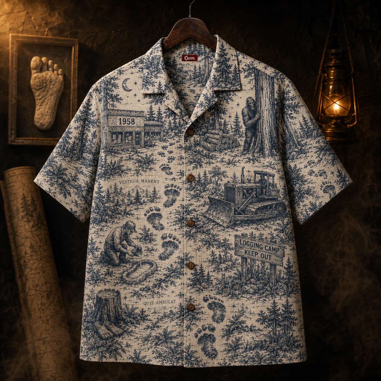Crosfil The Footprints 1958 Hawaiian Shirt — Bigfoot Toile Print