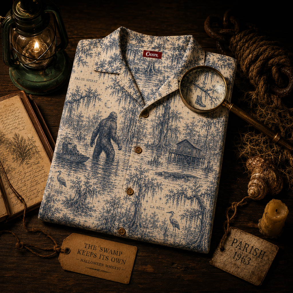 Crosfil The Bayou File 1963 Hawaiian Shirt — Swamp Bigfoot Toile Print