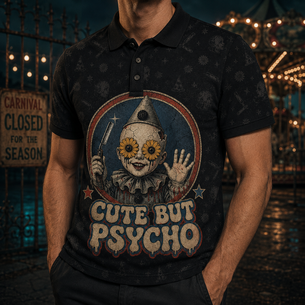 Cute But Psycho — Vintage Horror Clown Polo Shirt