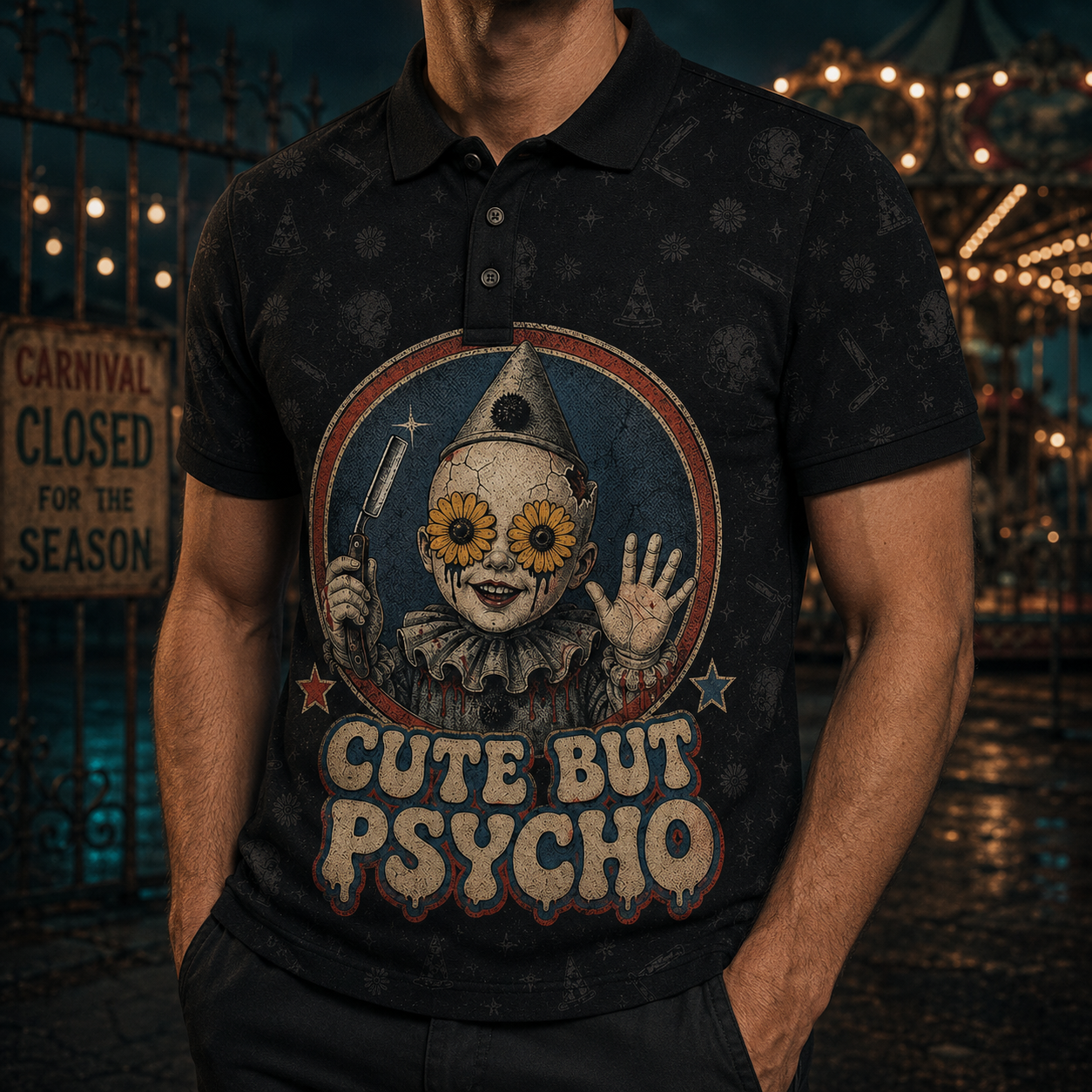 Cute But Psycho — Vintage Horror Clown Polo Shirt