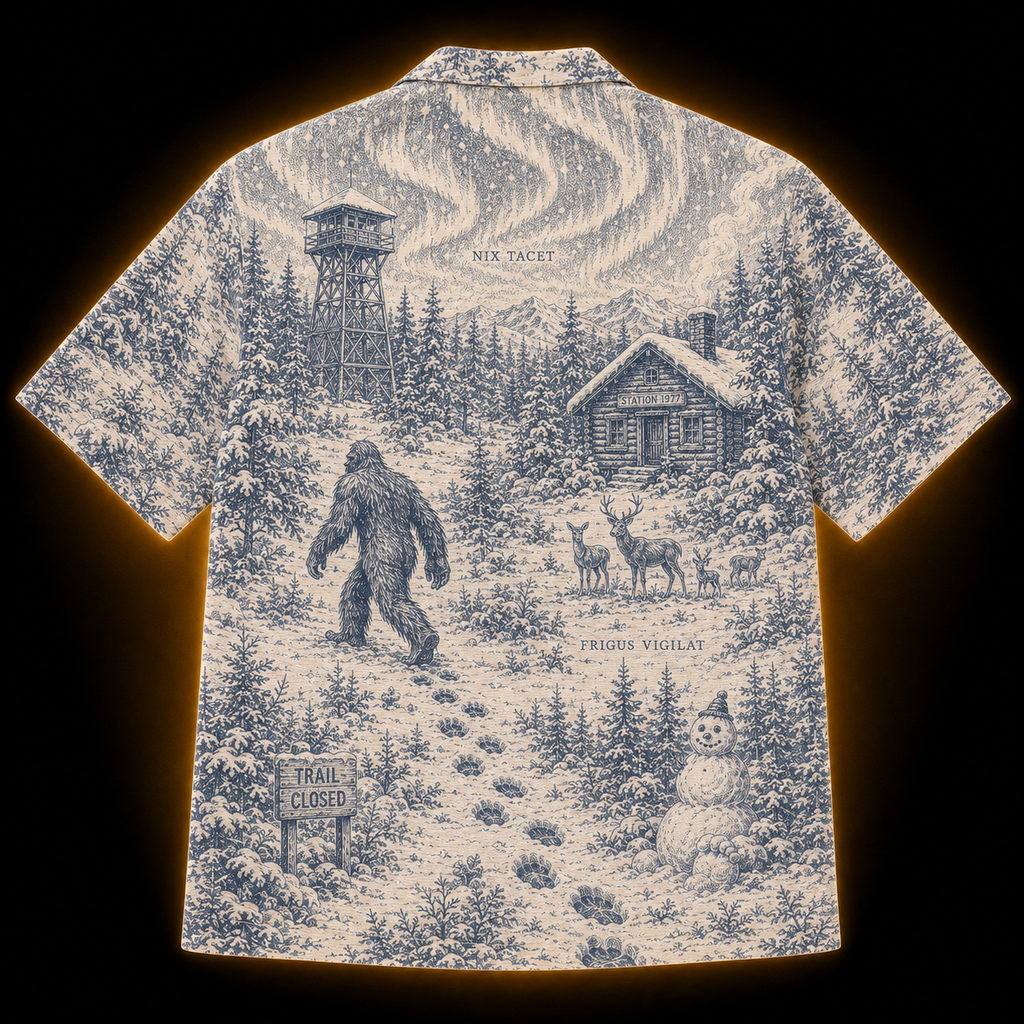 Crosfil Winter Watch 1977 Hawaiian Shirt — Snow Bigfoot Toile Print
