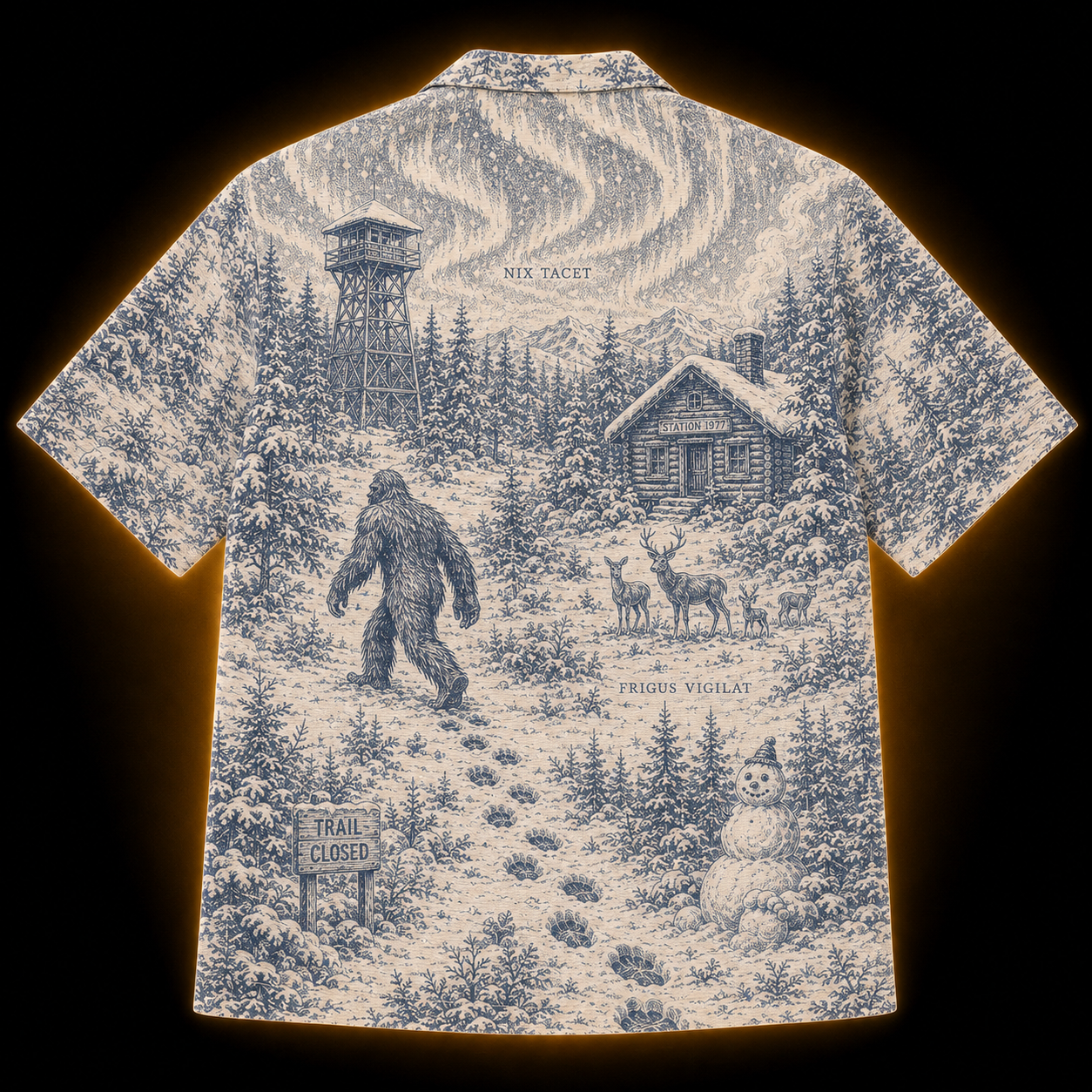 Crosfil Winter Watch 1977 Hawaiian Shirt — Snow Bigfoot Toile Print