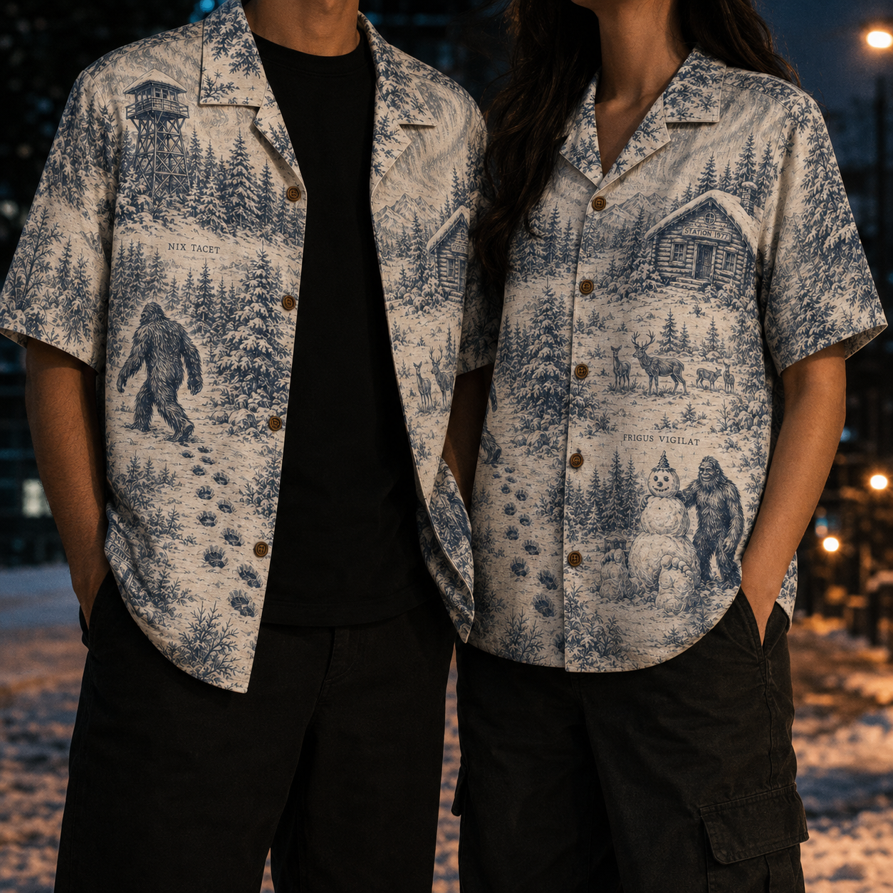 Crosfil Winter Watch 1977 Hawaiian Shirt — Snow Bigfoot Toile Print