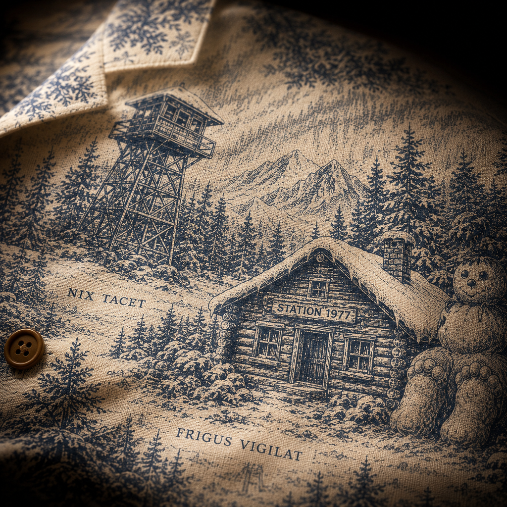 Crosfil Winter Watch 1977 Hawaiian Shirt — Snow Bigfoot Toile Print