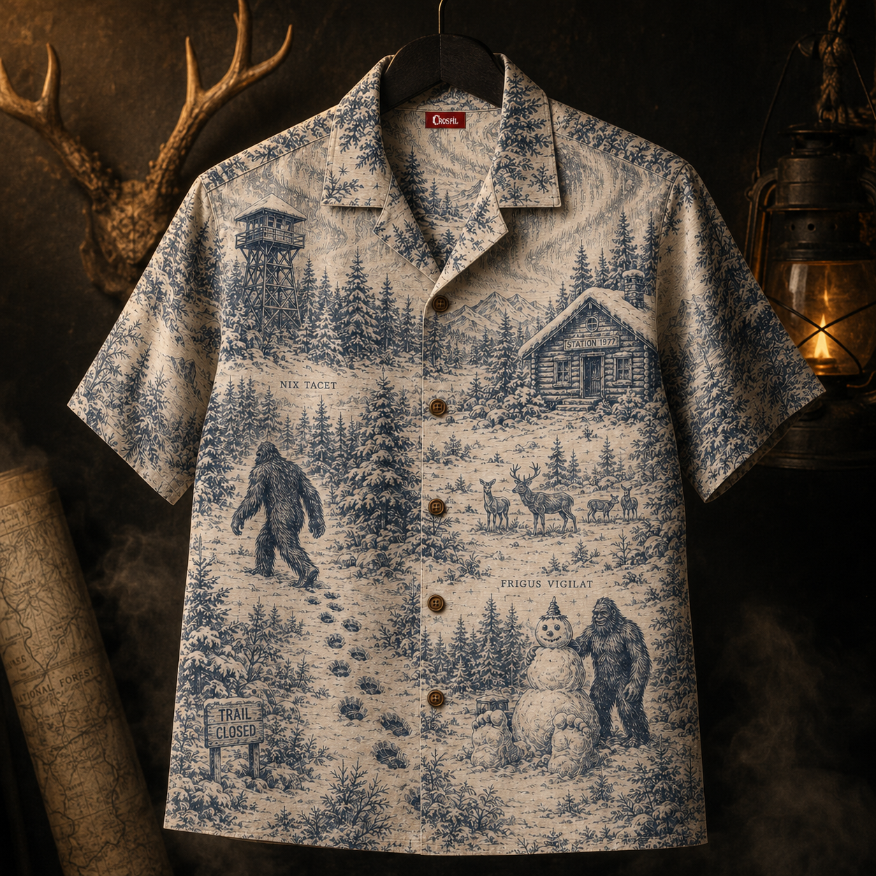 Crosfil Winter Watch 1977 Hawaiian Shirt — Snow Bigfoot Toile Print