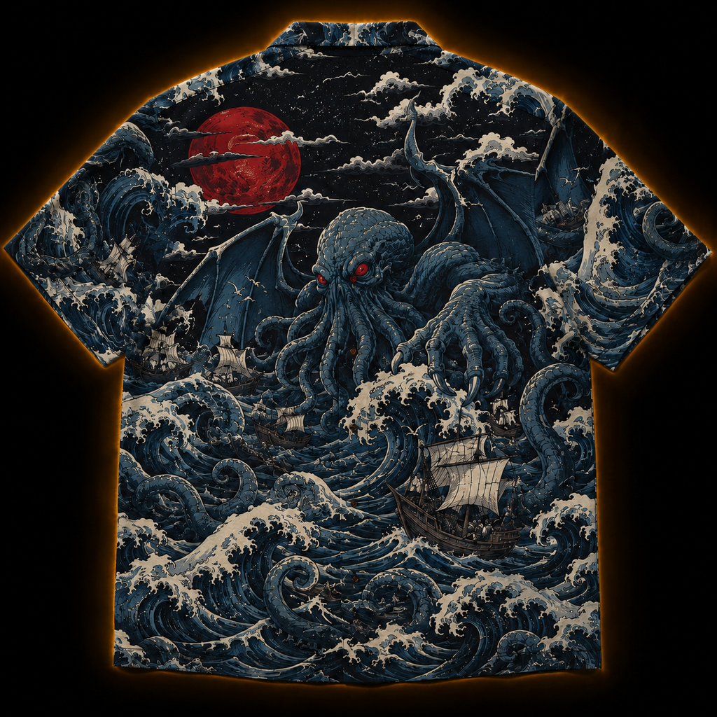 Kaiju Rising Hawaiian Shirt — Cthulhu Blood Moon Wave
