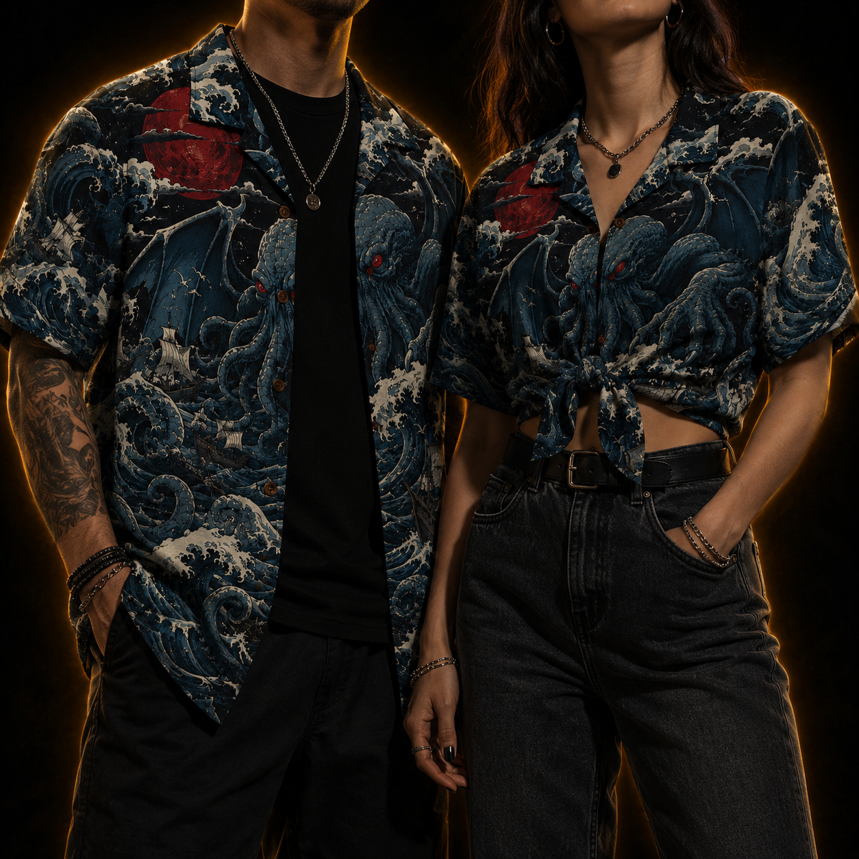 Kaiju Rising Hawaiian Shirt — Cthulhu Blood Moon Wave