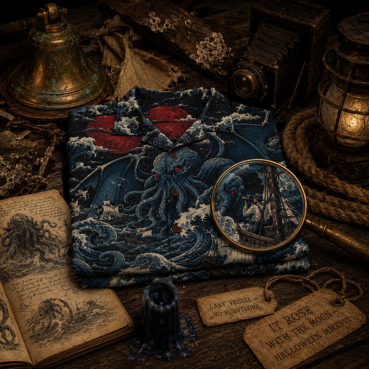 Kaiju Rising Hawaiian Shirt — Cthulhu Blood Moon Wave