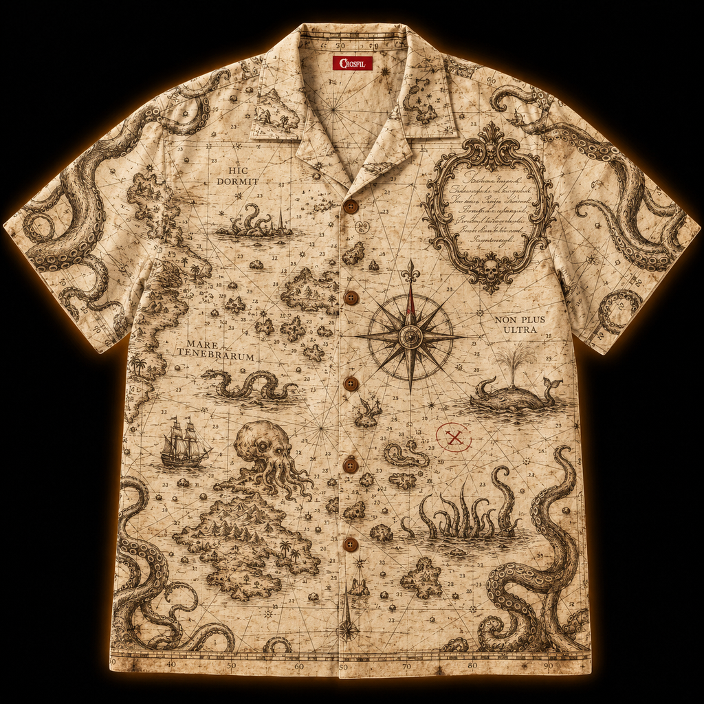 Cartographer's Warning Hawaiian Shirt — Antique Kraken Sea Chart