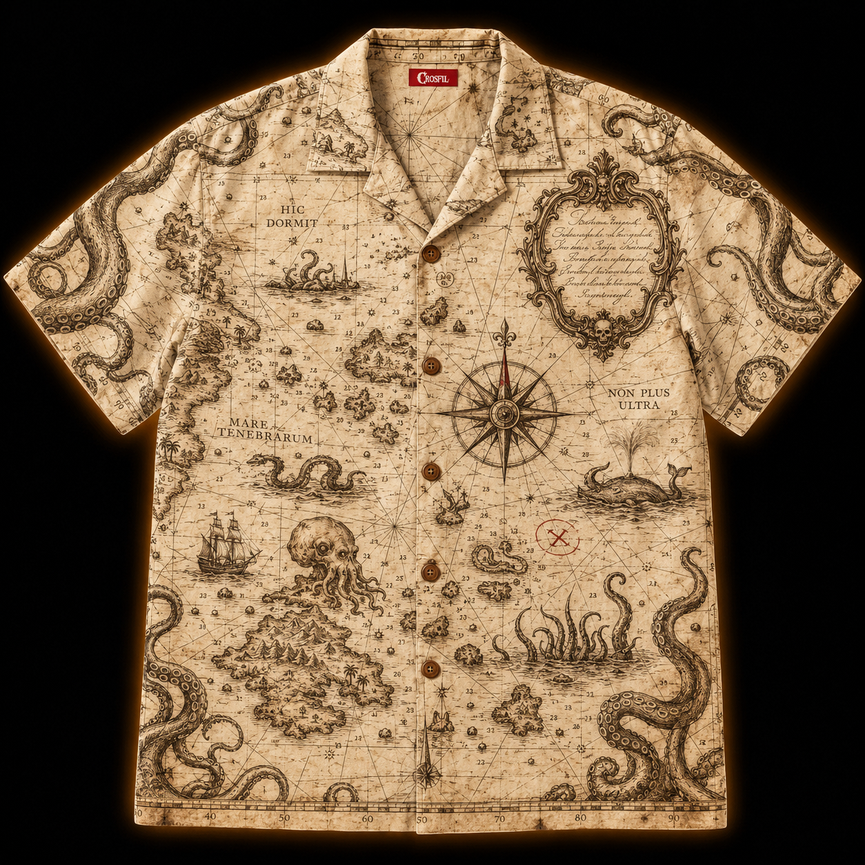Cartographer's Warning Hawaiian Shirt — Antique Kraken Sea Chart