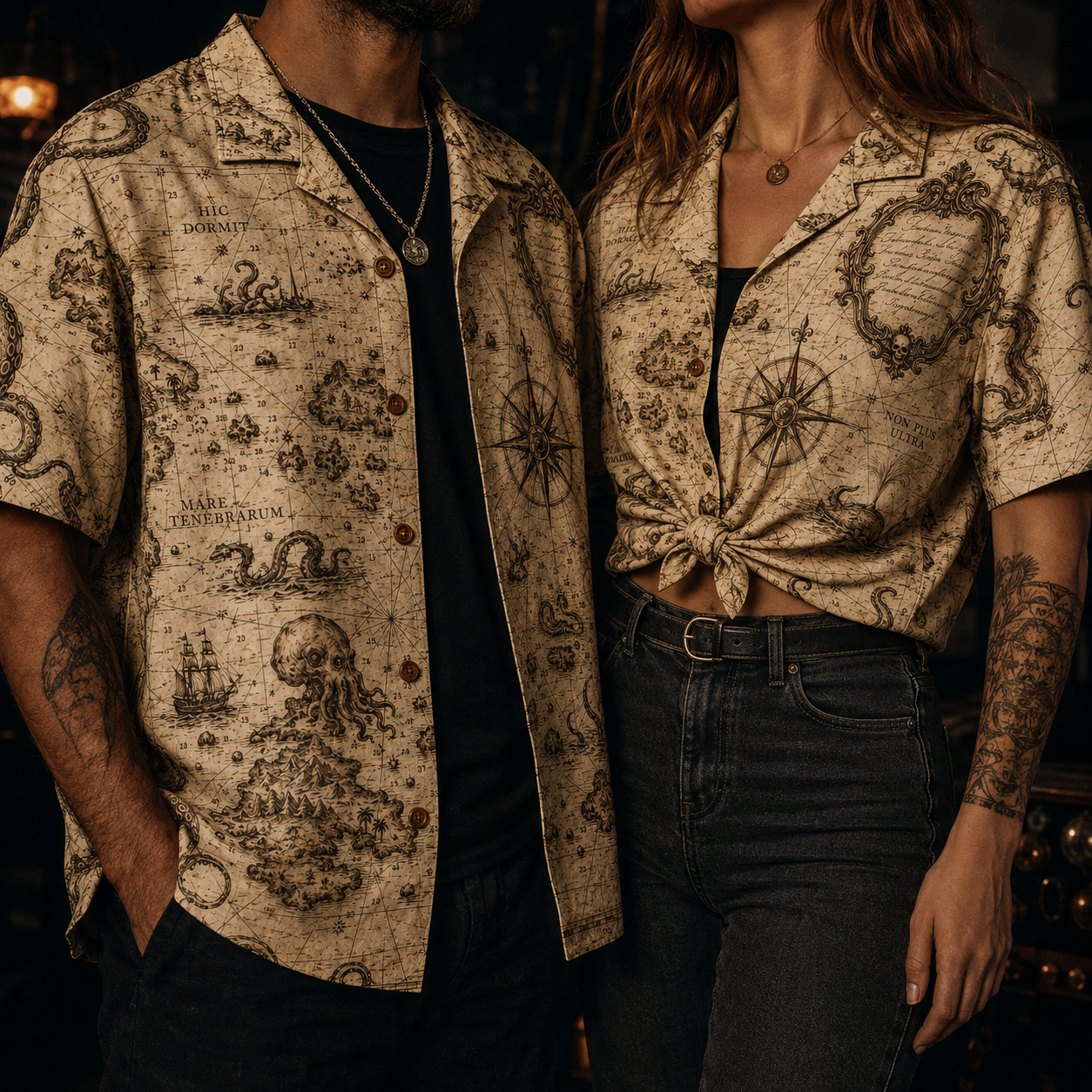 Cartographer's Warning Hawaiian Shirt — Antique Kraken Sea Chart