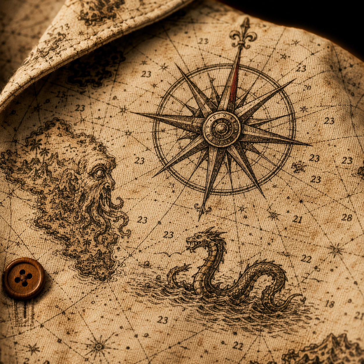 Cartographer's Warning Hawaiian Shirt — Antique Kraken Sea Chart