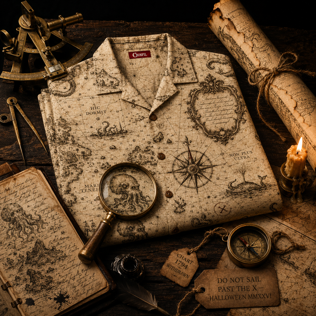 Cartographer's Warning Hawaiian Shirt — Antique Kraken Sea Chart