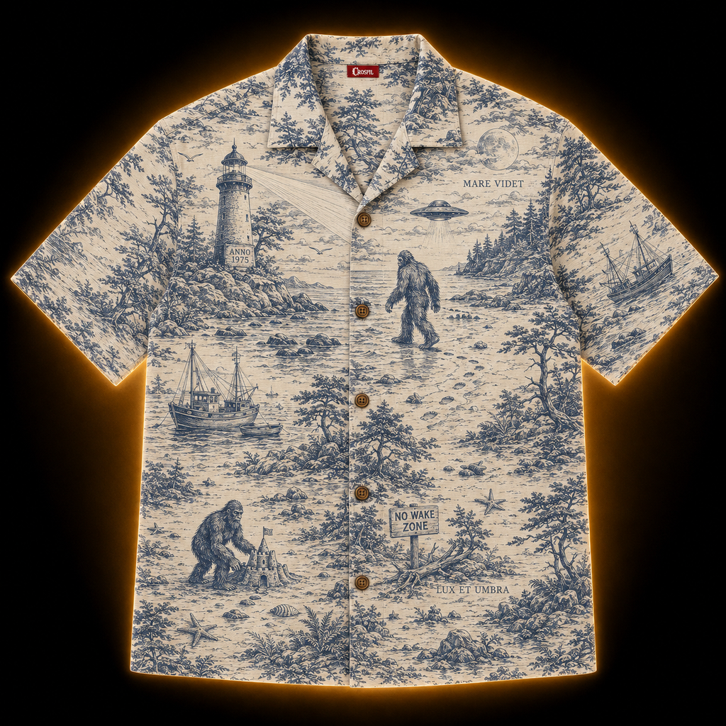 Crosfil Coastal Watch 1975 Hawaiian Shirt — Lighthouse Bigfoot Toile Print