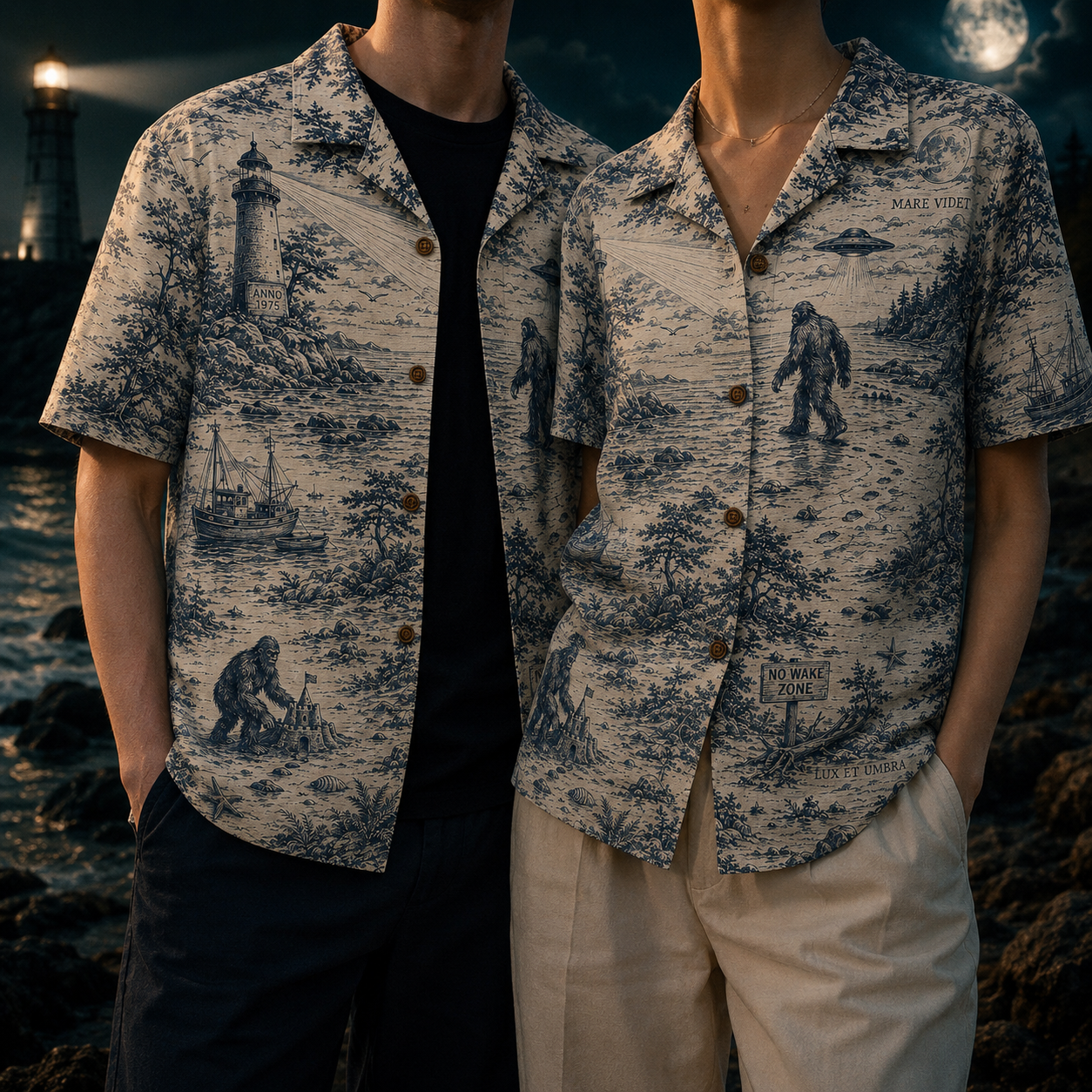 Crosfil Coastal Watch 1975 Hawaiian Shirt — Lighthouse Bigfoot Toile Print