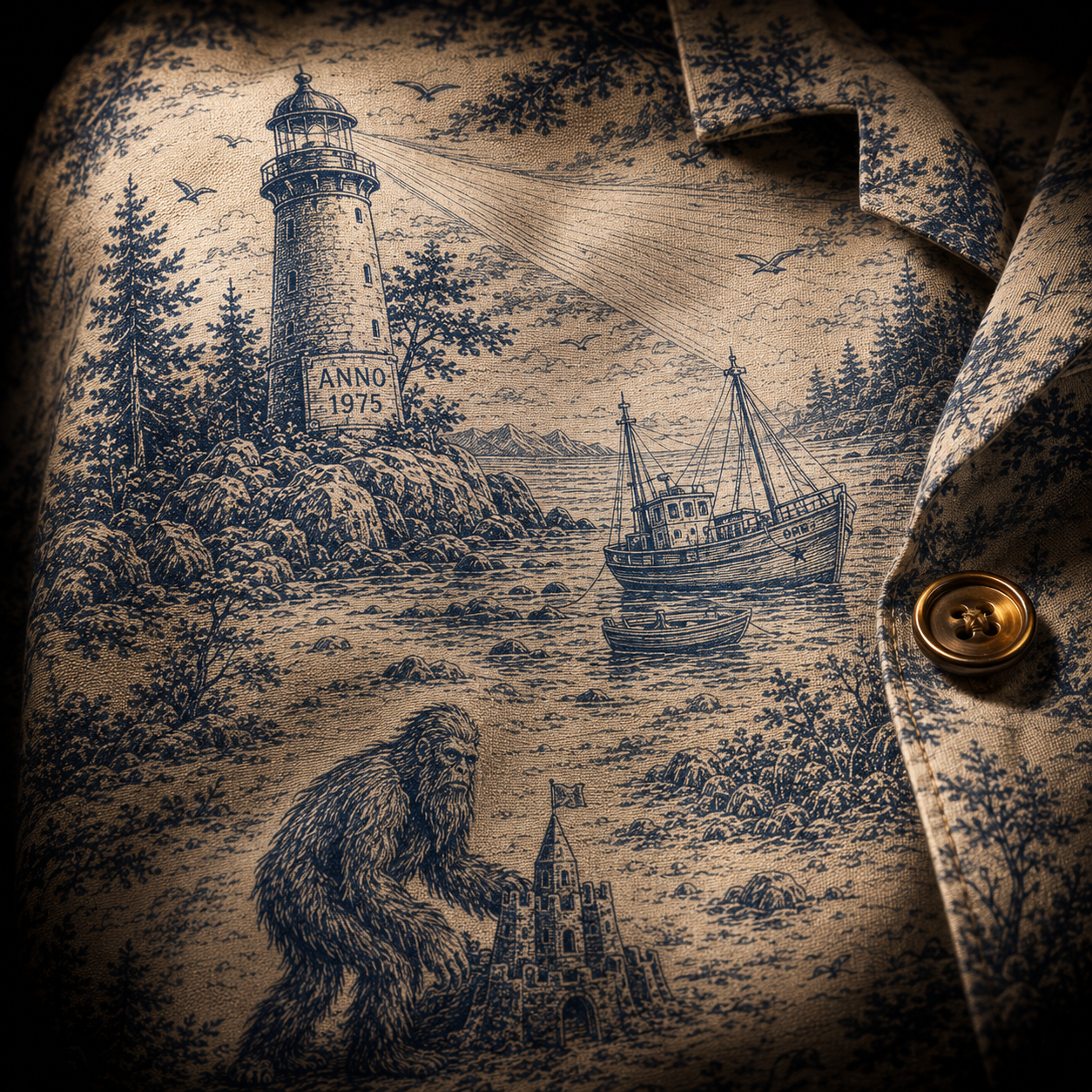 Crosfil Coastal Watch 1975 Hawaiian Shirt — Lighthouse Bigfoot Toile Print