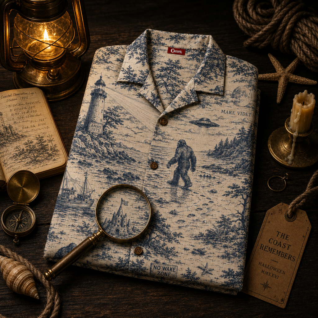 Crosfil Coastal Watch 1975 Hawaiian Shirt — Lighthouse Bigfoot Toile Print