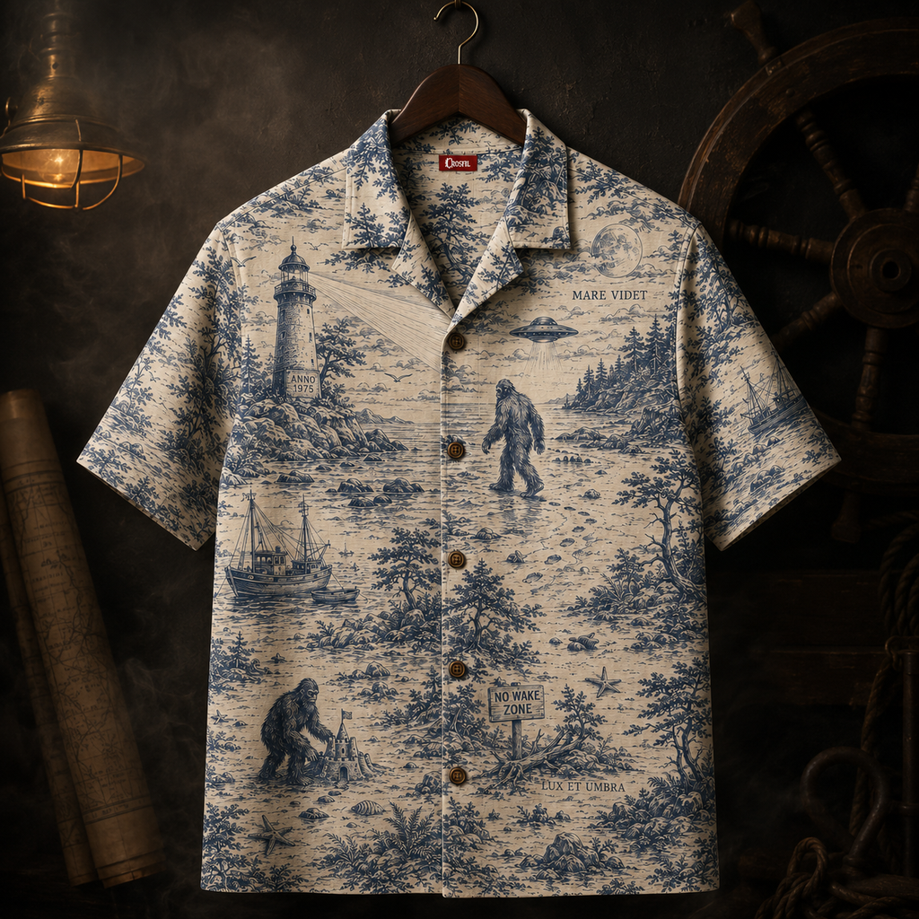 Crosfil Coastal Watch 1975 Hawaiian Shirt — Lighthouse Bigfoot Toile Print