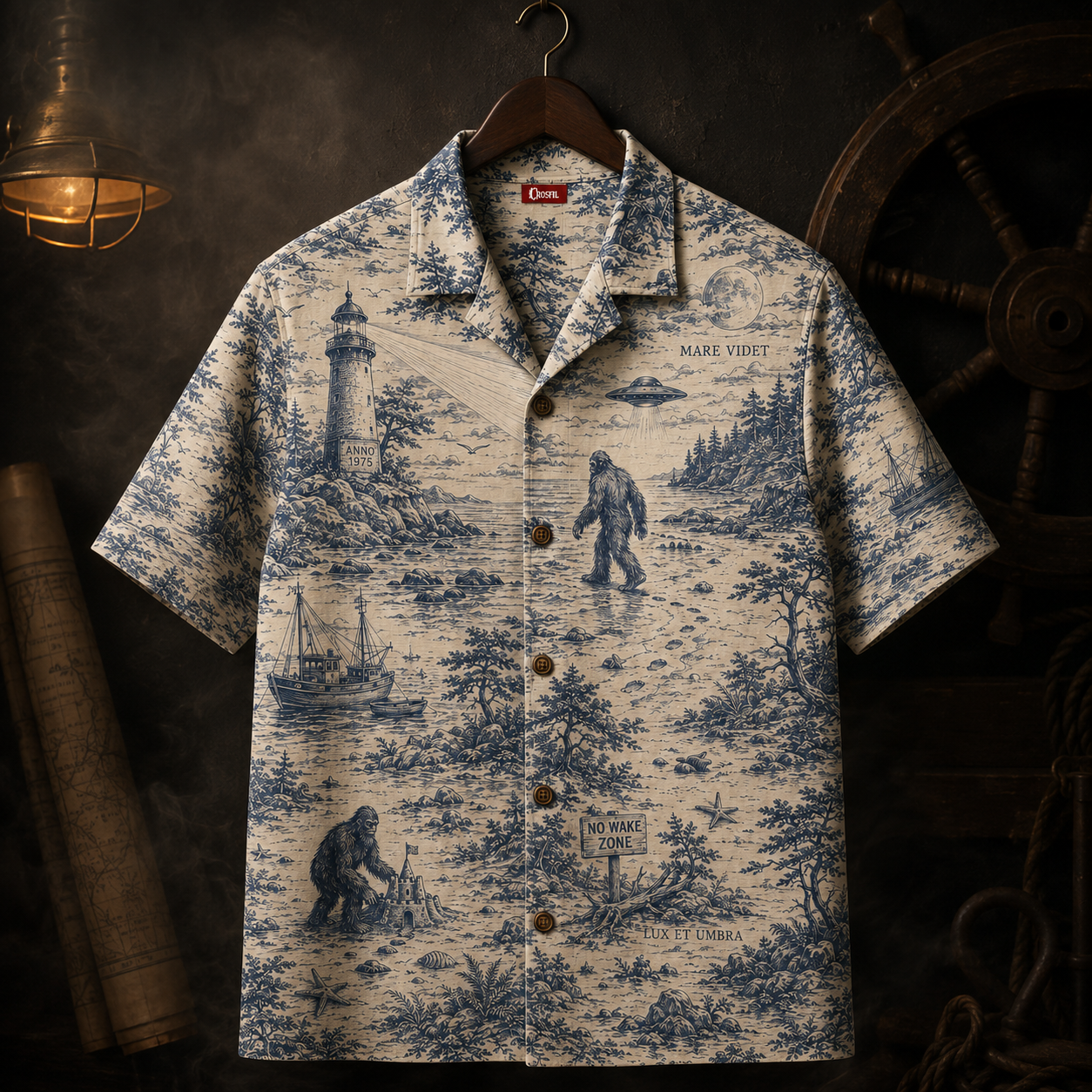 Crosfil Coastal Watch 1975 Hawaiian Shirt — Lighthouse Bigfoot Toile Print