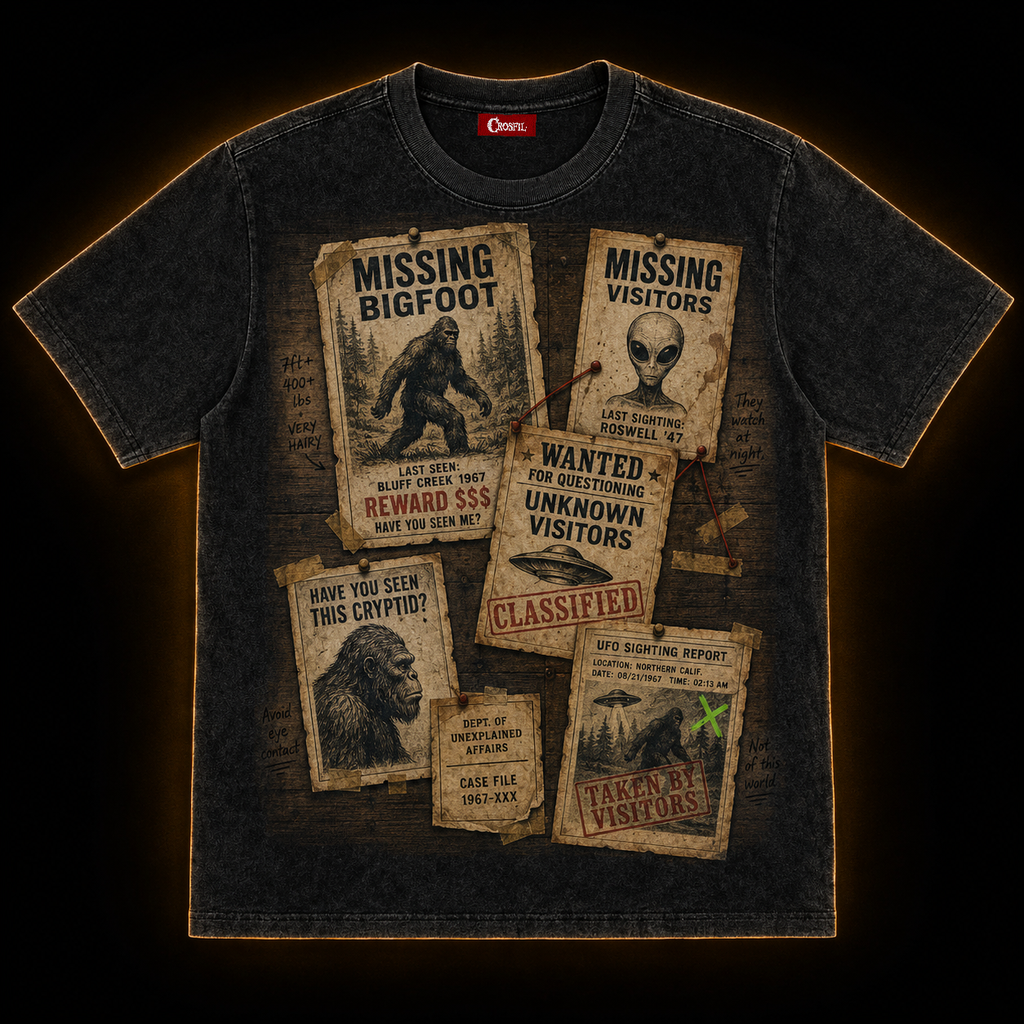 Missing Cryptids — Bulletin Board Collage Washed T-Shirt