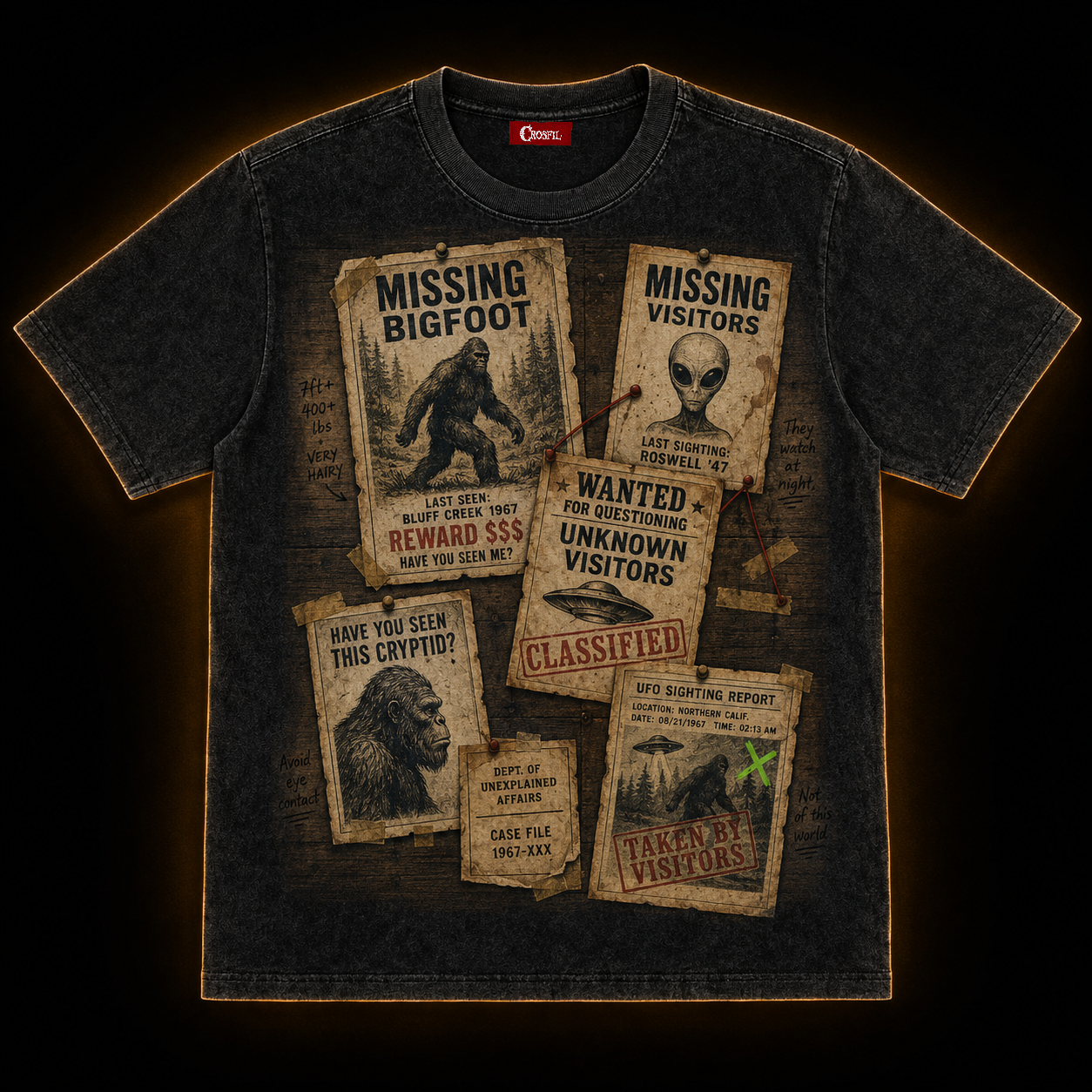 Missing Cryptids — Bulletin Board Collage Washed T-Shirt