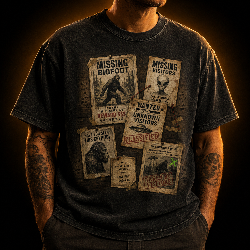 Missing Cryptids — Bulletin Board Collage Washed T-Shirt