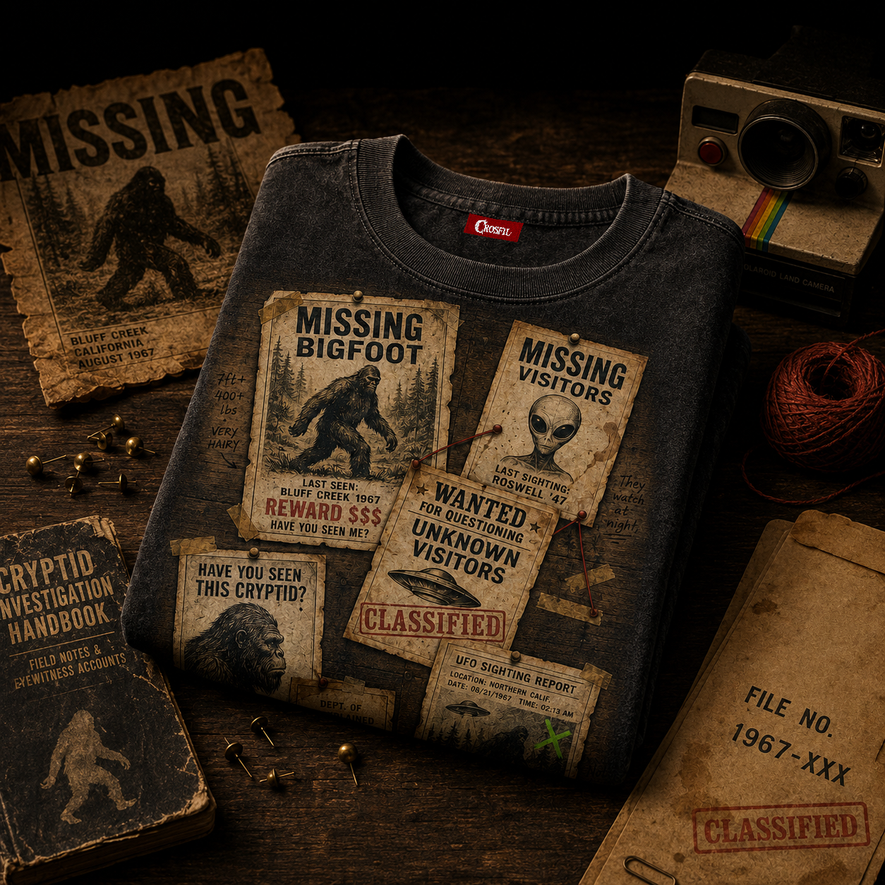 Missing Cryptids — Bulletin Board Collage Washed T-Shirt