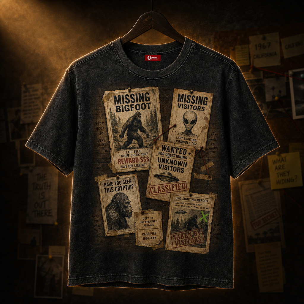 Missing Cryptids — Bulletin Board Collage Washed T-Shirt