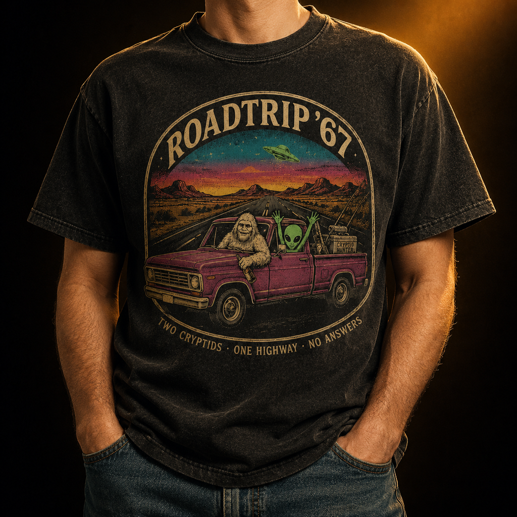 Roadtrip '67 — Two Cryptids One Highway Washed T-Shirt