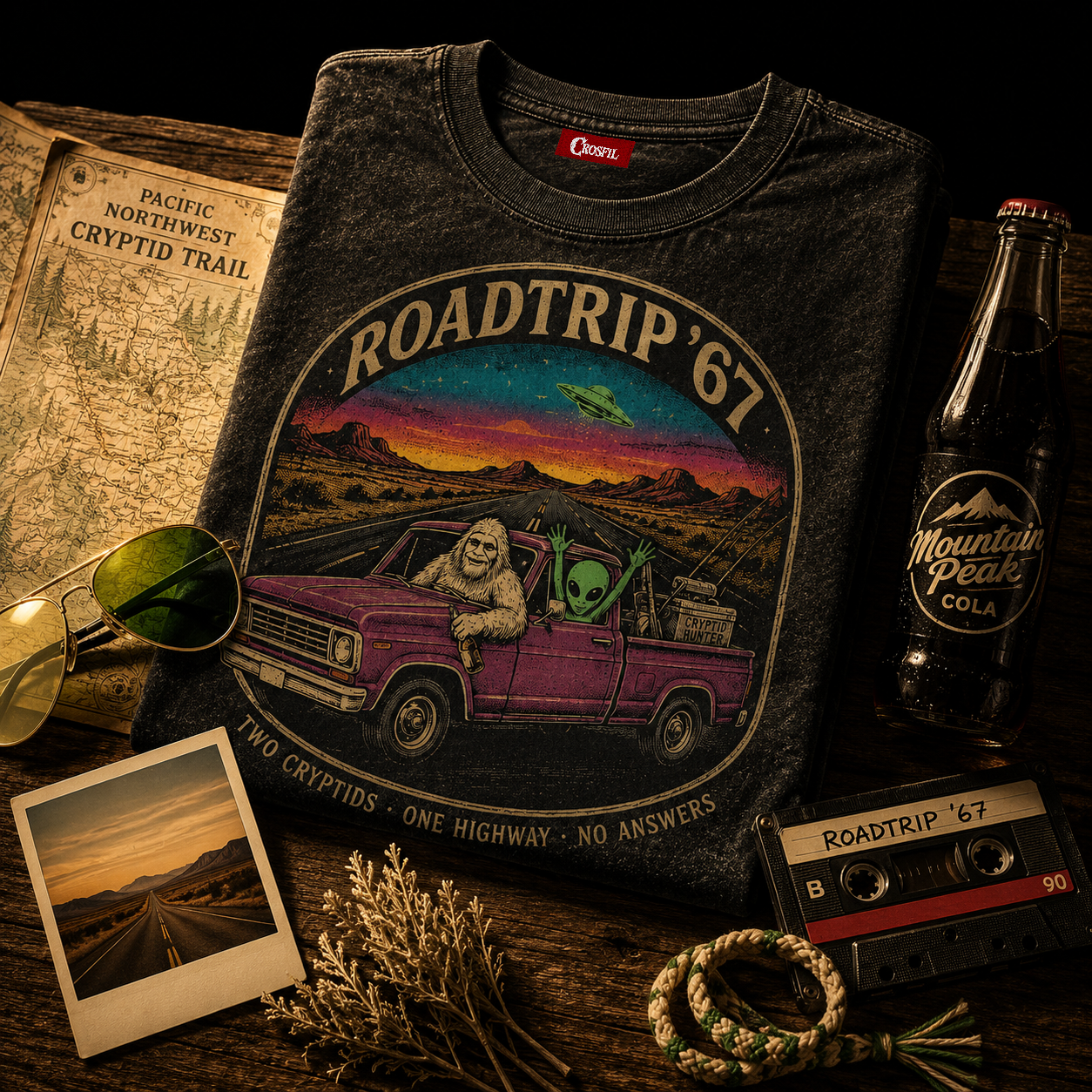 Roadtrip '67 — Two Cryptids One Highway Washed T-Shirt
