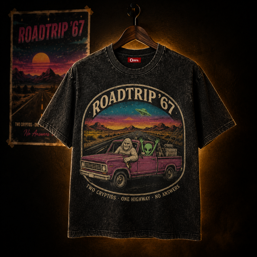 Roadtrip '67 — Two Cryptids One Highway Washed T-Shirt