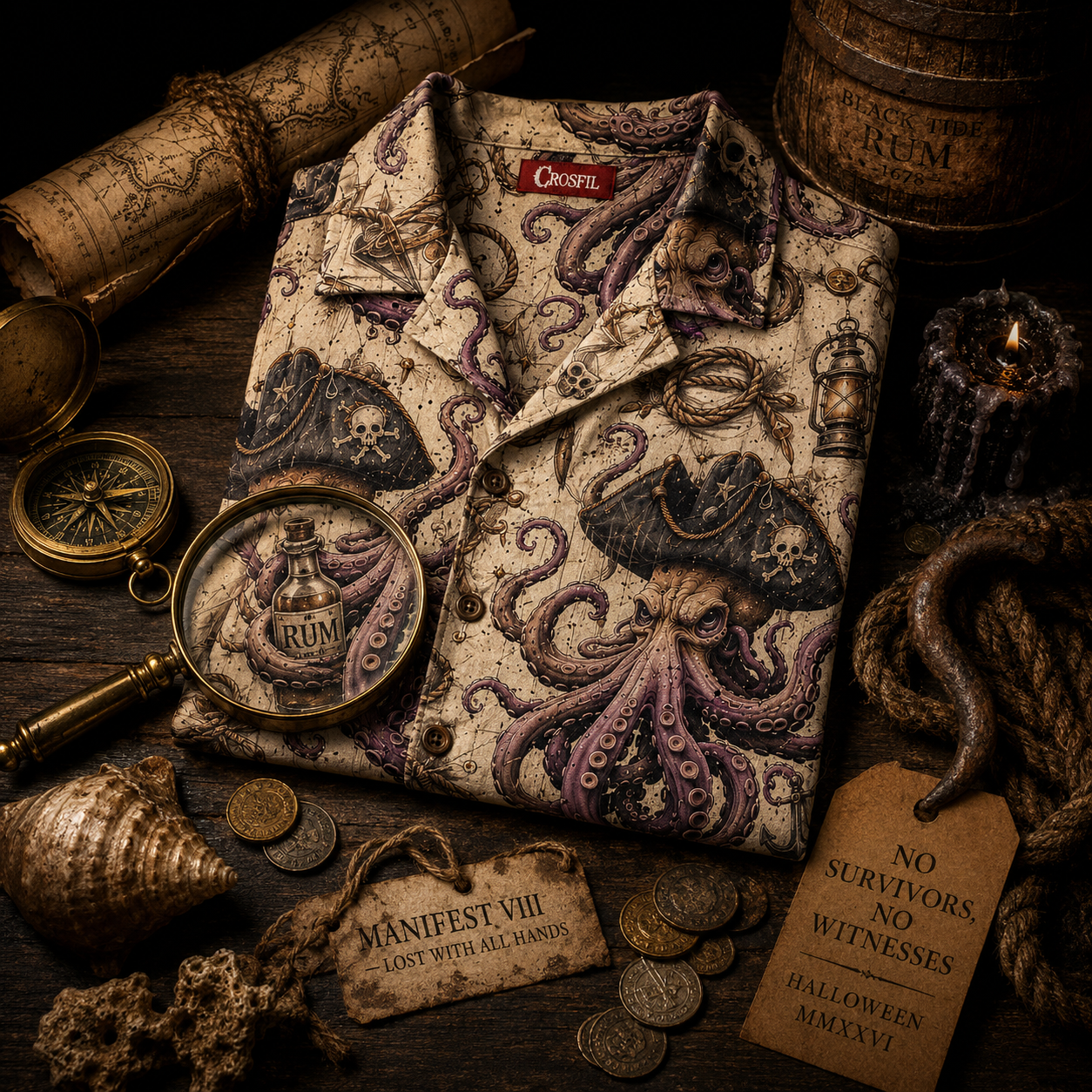 Crosfil Dead Man's Ink Hawaiian Shirt — Pirate Octopus All-Over Print