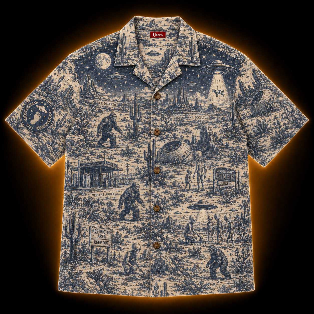 Crosfil Desert 1947 Hawaiian Shirt — Roswell UFO & Bigfoot Print