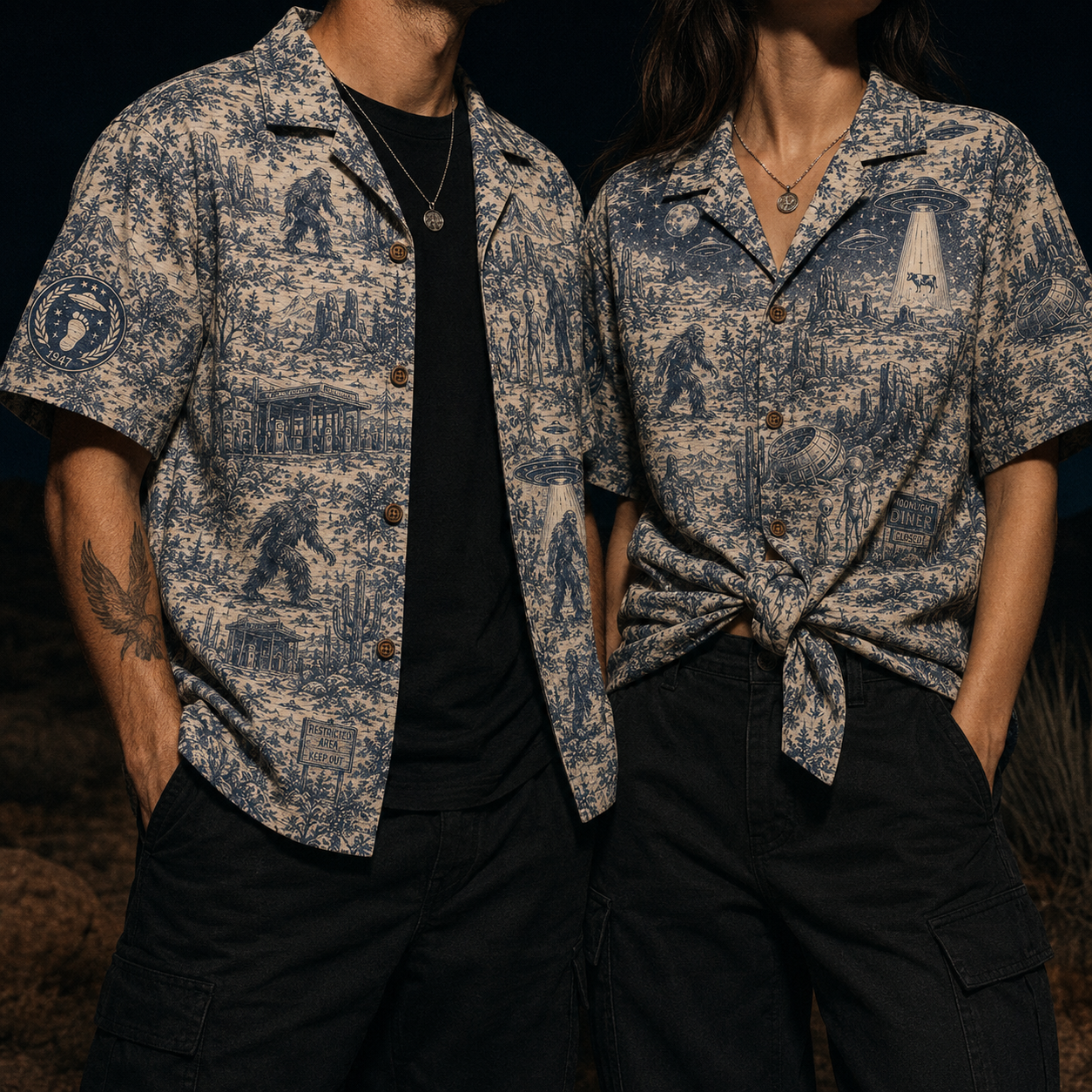 Crosfil Desert 1947 Hawaiian Shirt — Roswell UFO & Bigfoot Print