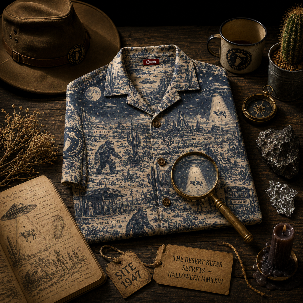 Crosfil Desert 1947 Hawaiian Shirt — Roswell UFO & Bigfoot Print