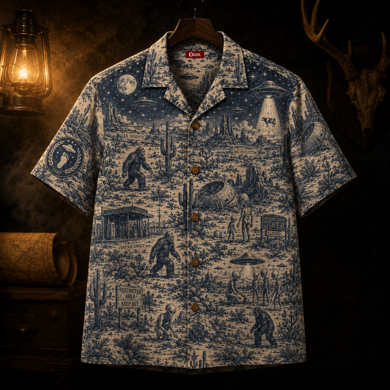 Crosfil Desert 1947 Hawaiian Shirt — Roswell UFO & Bigfoot Print