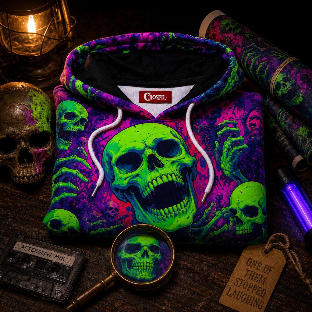 Crosfil Afterglow Hoodie — Blacklight Neon Skull All-Over Print