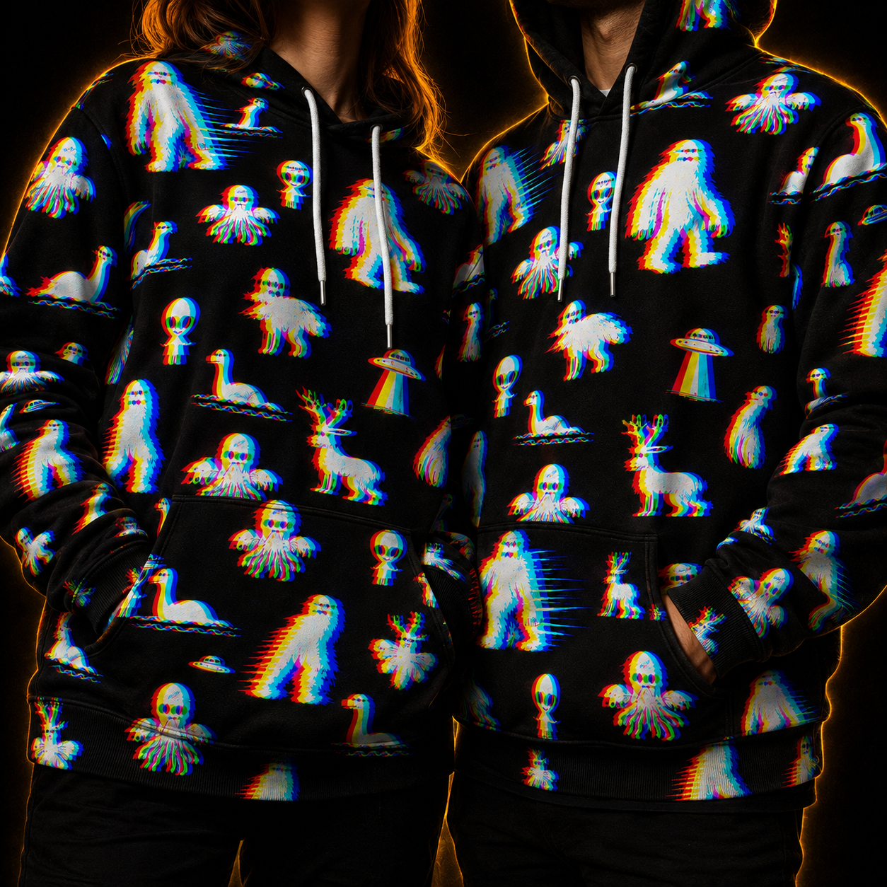 Crosfil Bad Footage Hoodie — Glitch Cryptid Bigfoot & Alien Print
