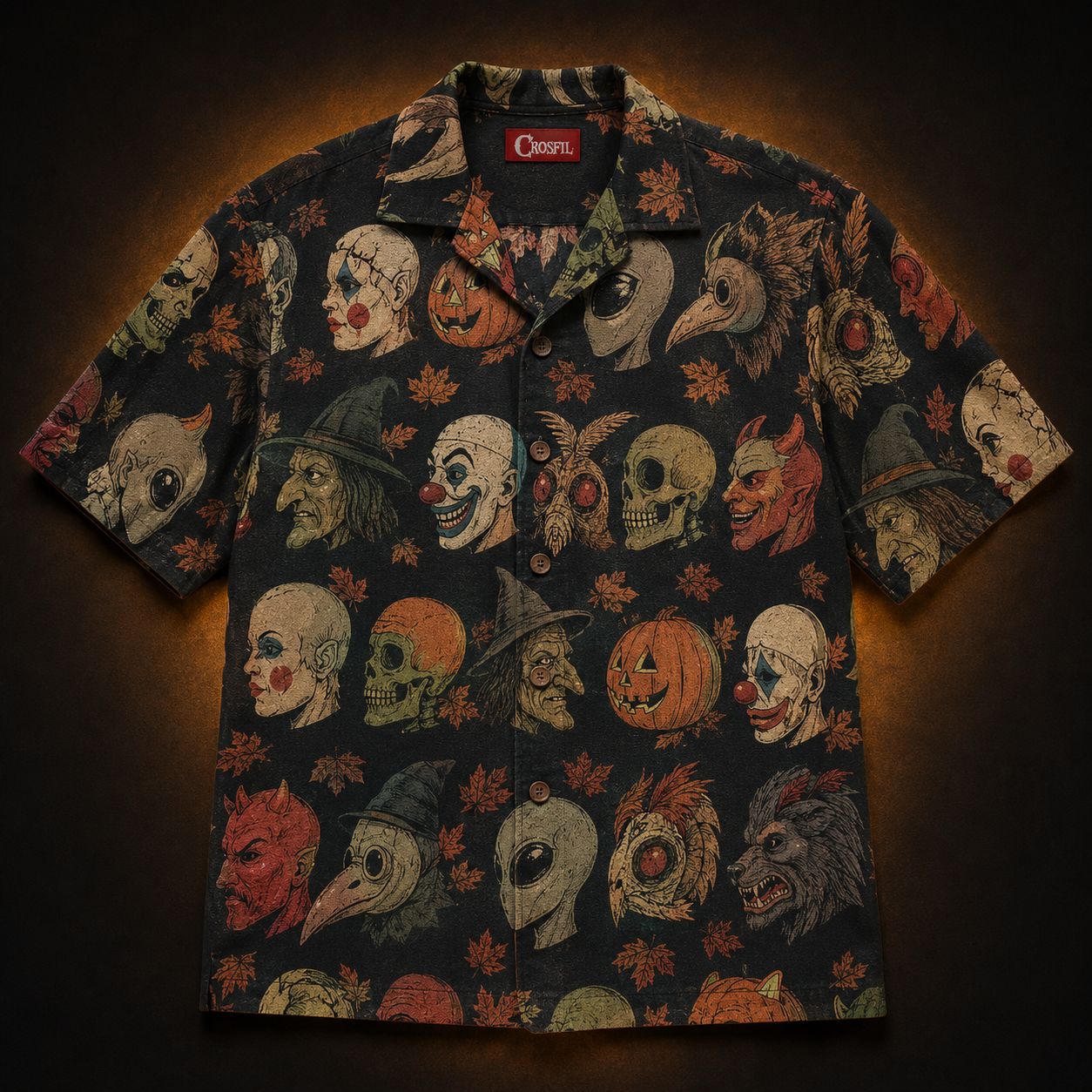 Crosfil The Costume Aisle Hawaiian Shirt — Vintage Halloween Mask Print