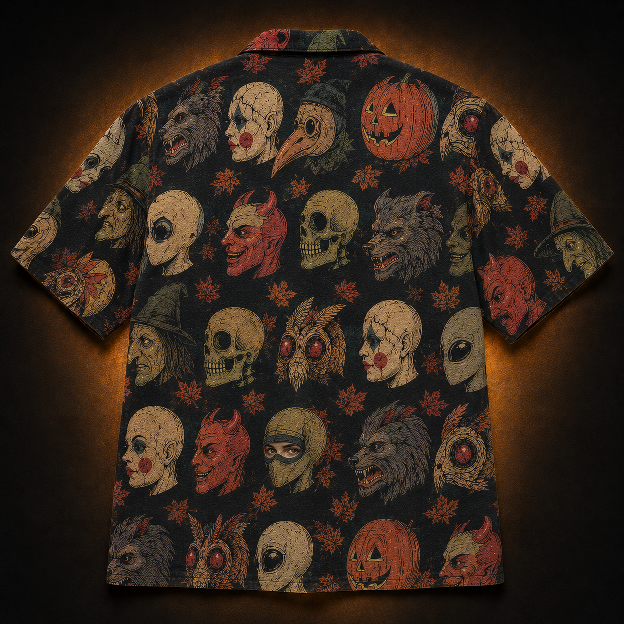 Crosfil The Costume Aisle Hawaiian Shirt — Vintage Halloween Mask Print