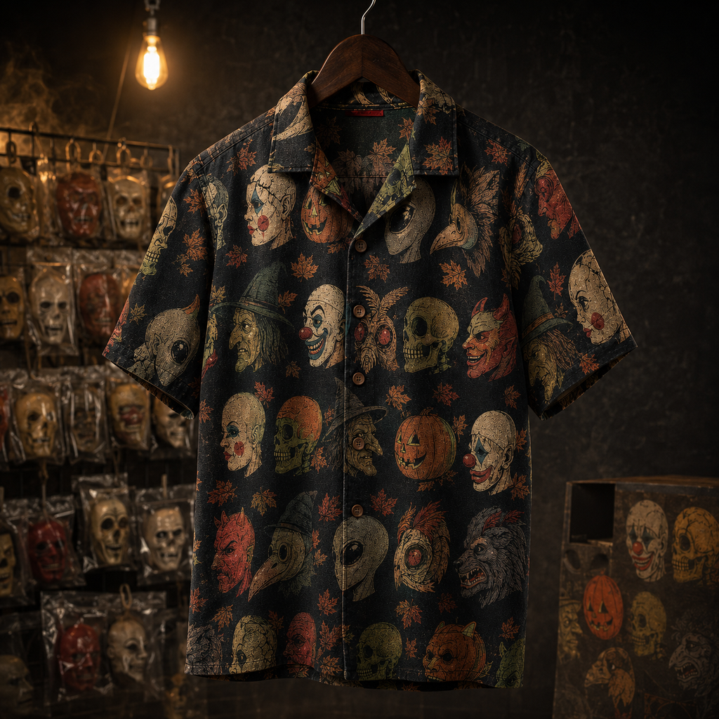Crosfil The Costume Aisle Hawaiian Shirt — Vintage Halloween Mask Print
