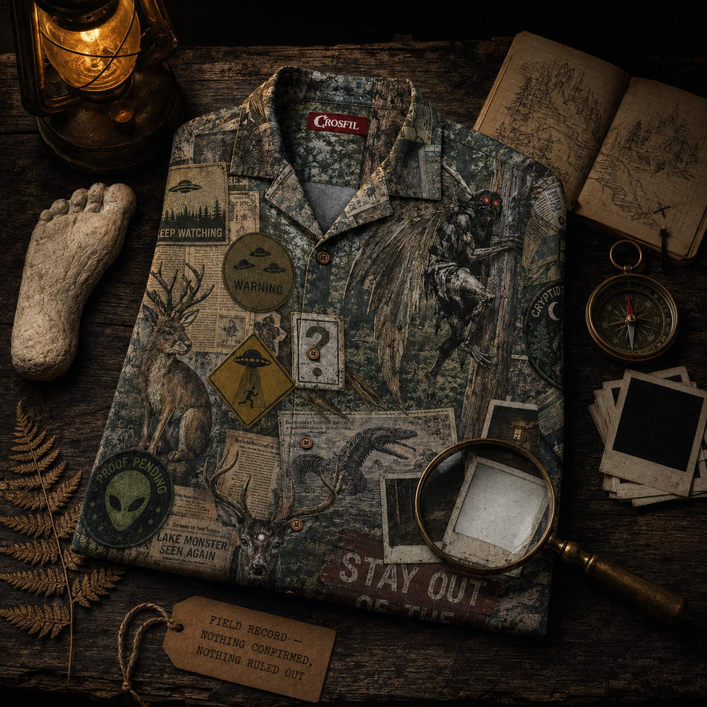 Crosfil The Evidence Wall Hawaiian Shirt — Cryptid Patch & Polaroid Print