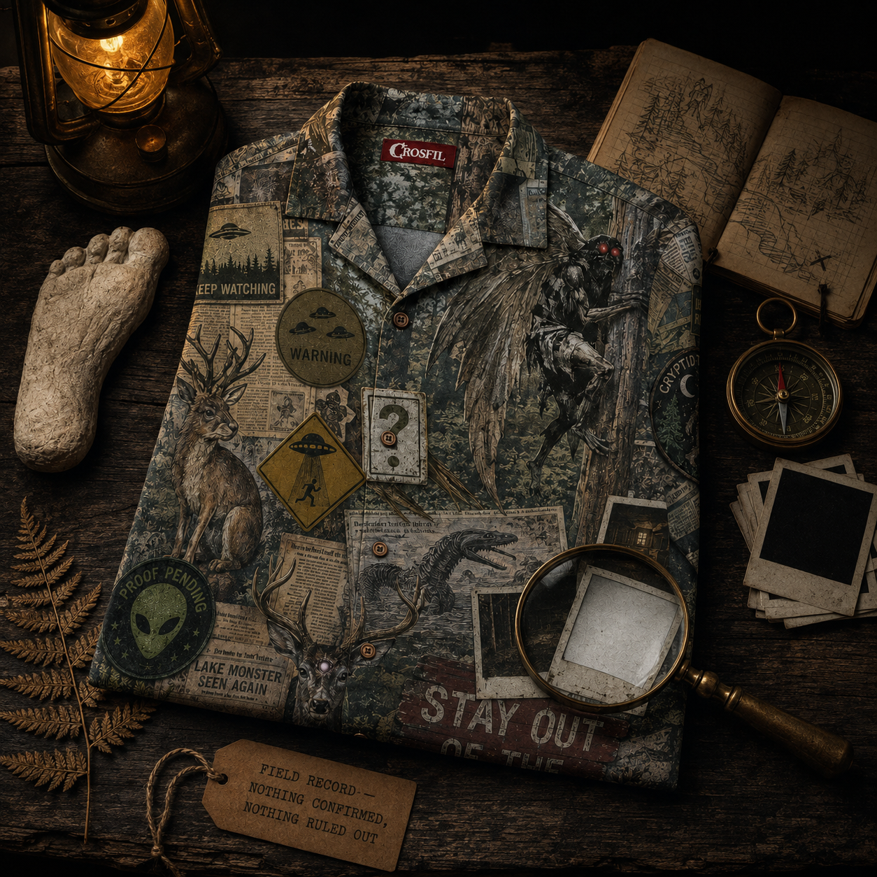 Crosfil The Evidence Wall Hawaiian Shirt — Cryptid Patch & Polaroid Print