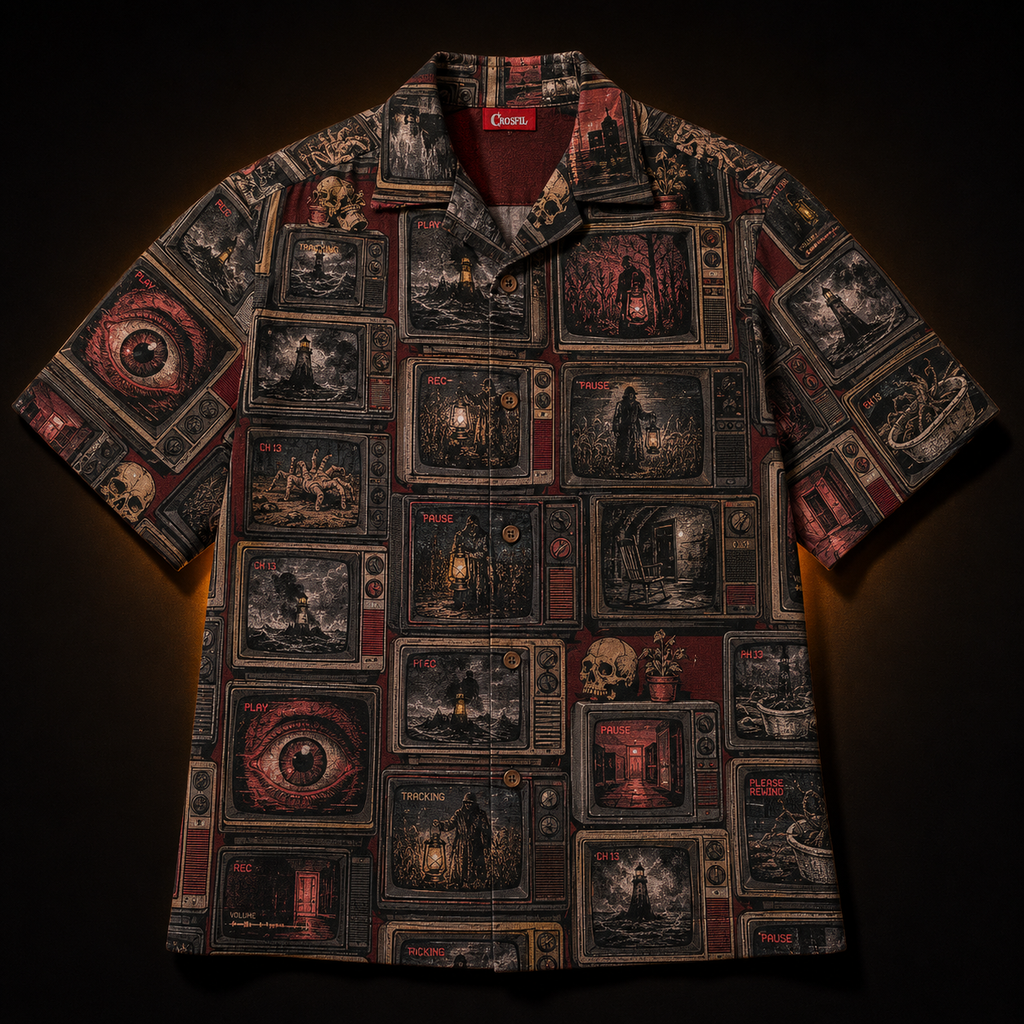 Crosfil The Late Movie Hawaiian Shirt — Retro CRT Horror TV Print