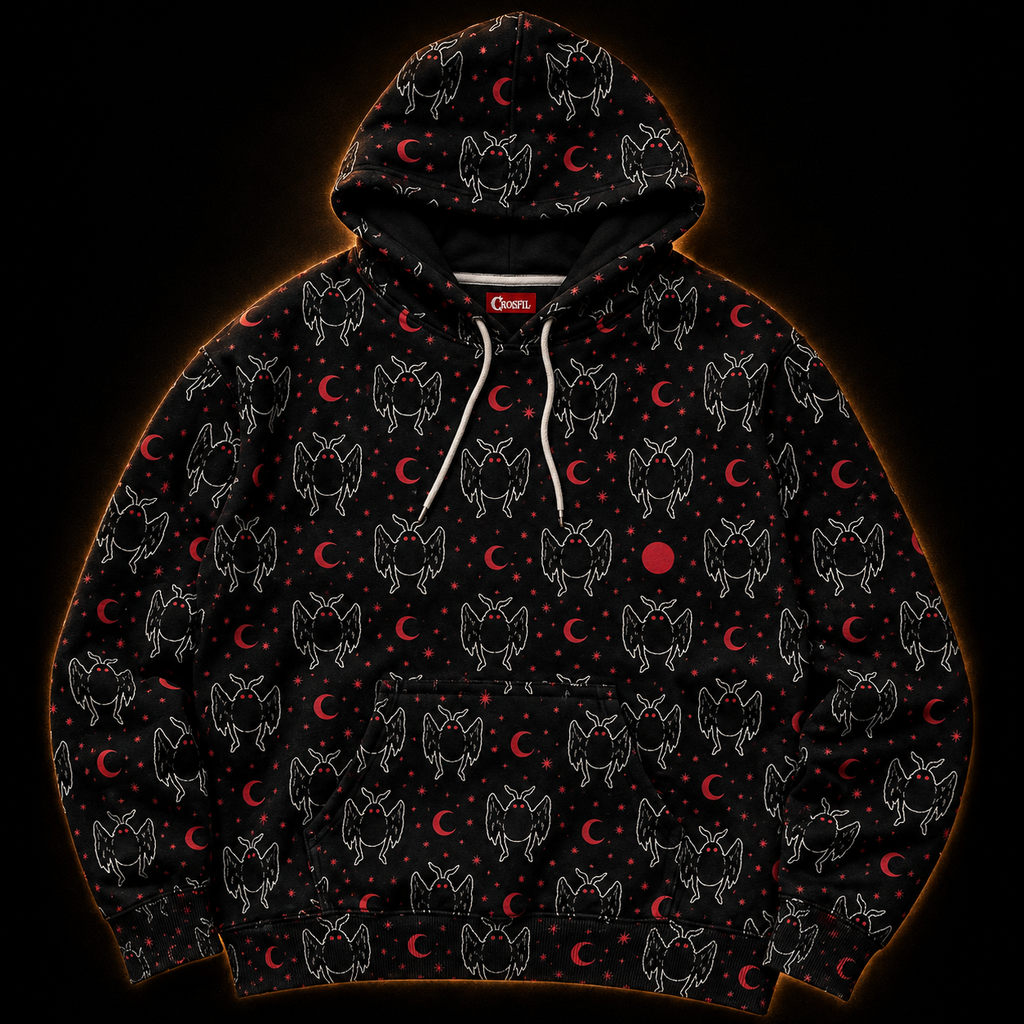 Crosfil Little Omens Hoodie — Mothman & Red Moon All-Over Print