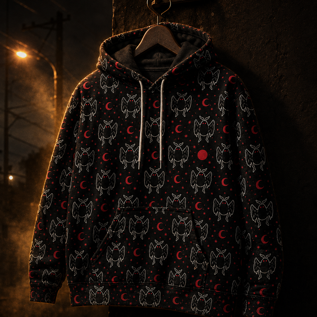 Crosfil Little Omens Hoodie — Mothman & Red Moon All-Over Print