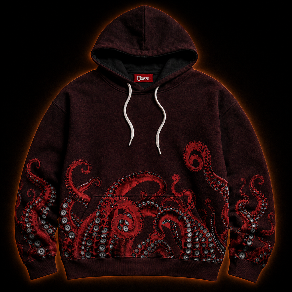 Crosfil Surfacing Hoodie — Red Kraken Tentacle All-Over Print